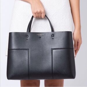 Tory Burch Black T Leather Top-Handle Tote